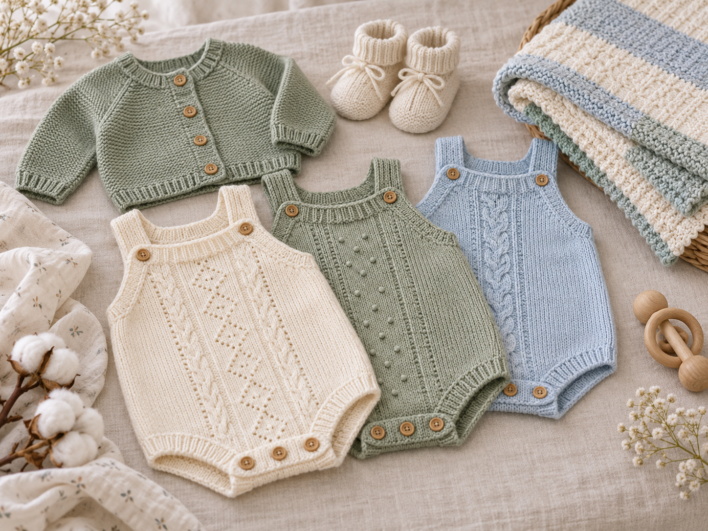 Knitted baby rompers, cardigan, booties and blanket