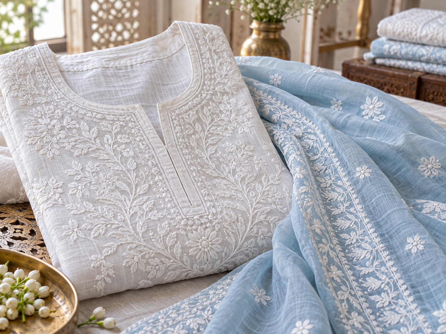 White embroidered Chikankari kurta and pale blue dupatta