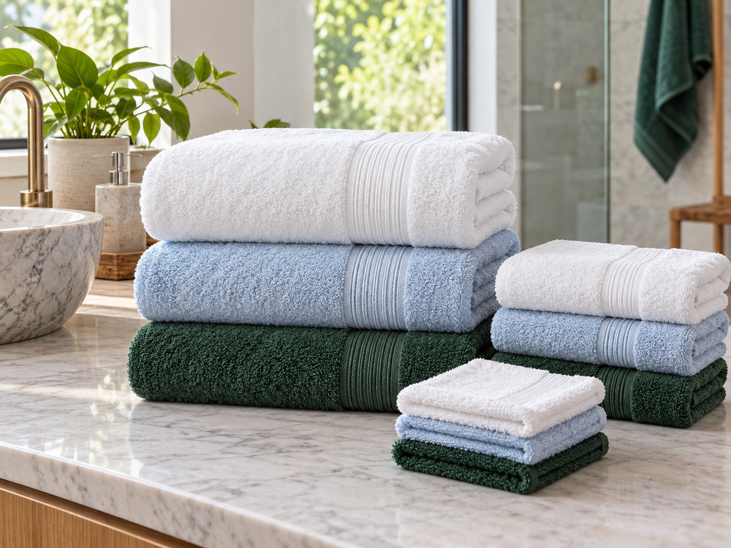 Stacked white, pale blue and green cotton towels
