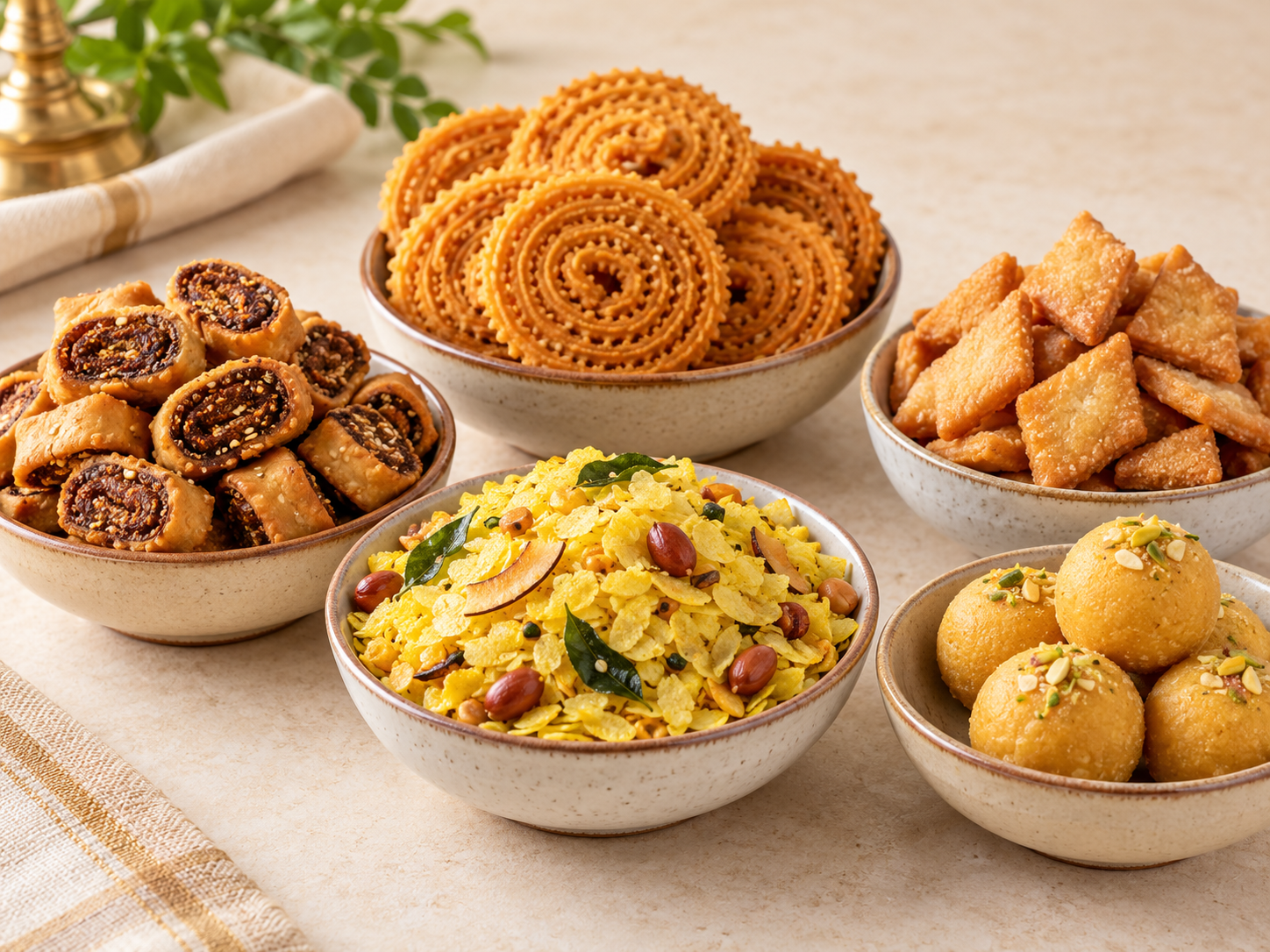 Maharashtrian snacks and sweets in bowls